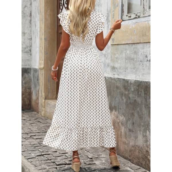 Kadın Kısa Kelebek Kollu Kruvaze Yakalı Desenli Süprem Elbise