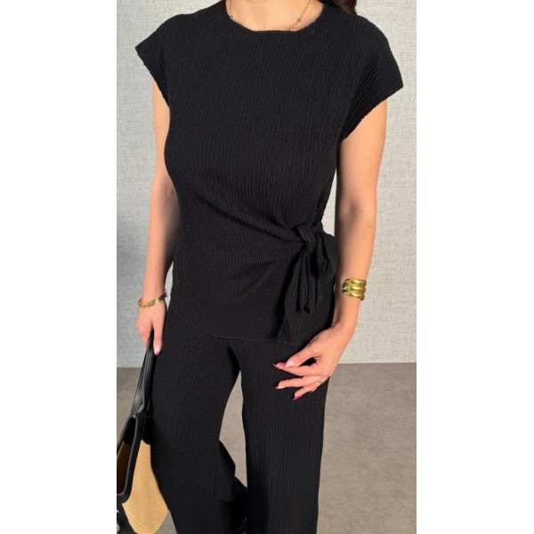 Kadın Kısa Kollu Bisiklet Yaka Yandan Bağlamalı Bürümcük Bluz Ve Pantolon Ikili Takım