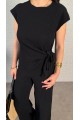 Kadın Kısa Kollu Bisiklet Yaka Yandan Bağlamalı Bürümcük Bluz Ve Pantolon Ikili Takım