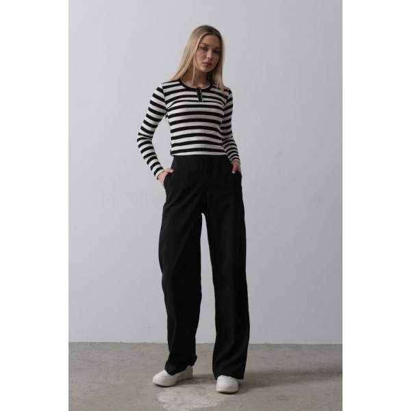 Beli Yarım Lastikli Palazzo Pantolon - Siyah