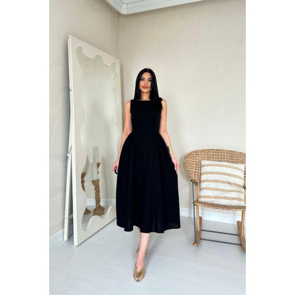 Siyah Yanları Büzgülü Midi Boy Keten Elbise