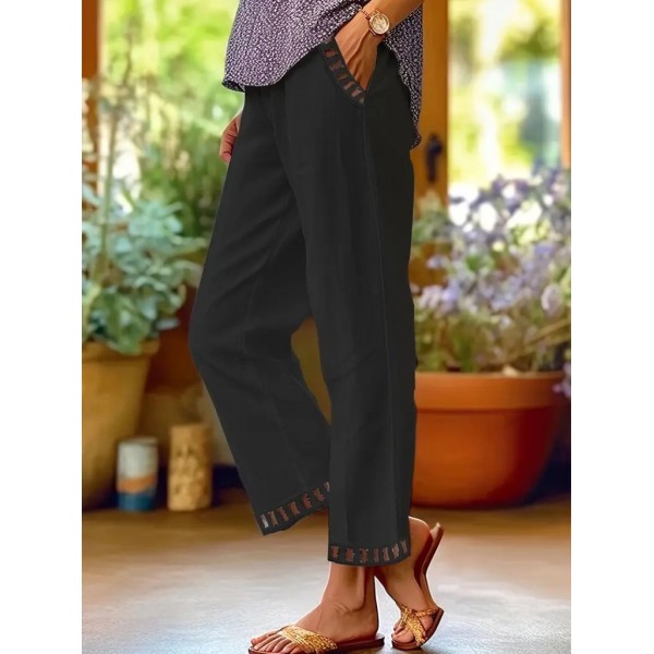 Kadın Beli Lastikli Bağcıklı Cep Ve Pantolon Ucu Güpür Detaylı Pantolon