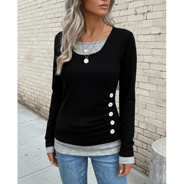 Kadın Uzun Kollu Yuvarlak Yaka Blok Renkli Yandan Düğmeli Viskon Bluz