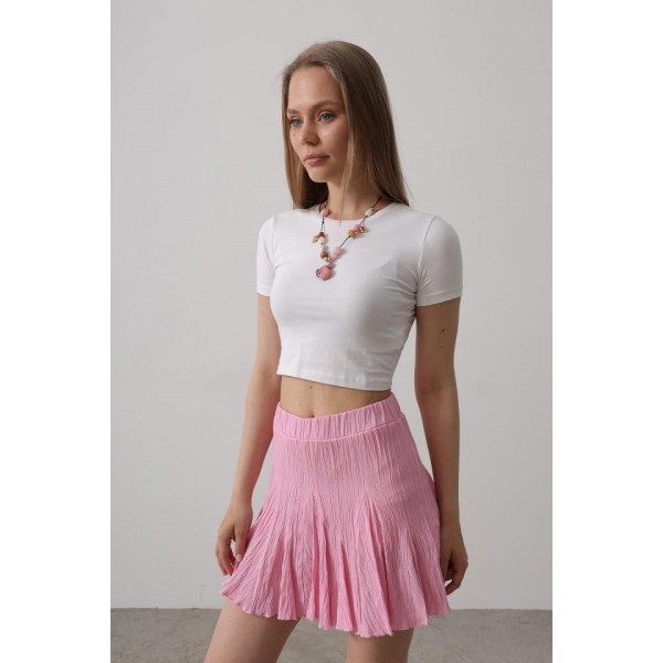 Beli Lastikli Mini Etek - Pembe