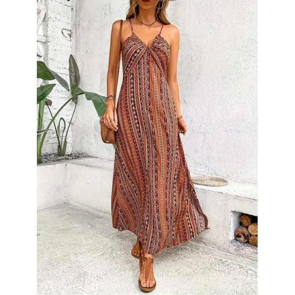 Kadın Ip Askılı Sırttan çapraz Detaylı Yırtmaçlı Desenli Süprem Elbise