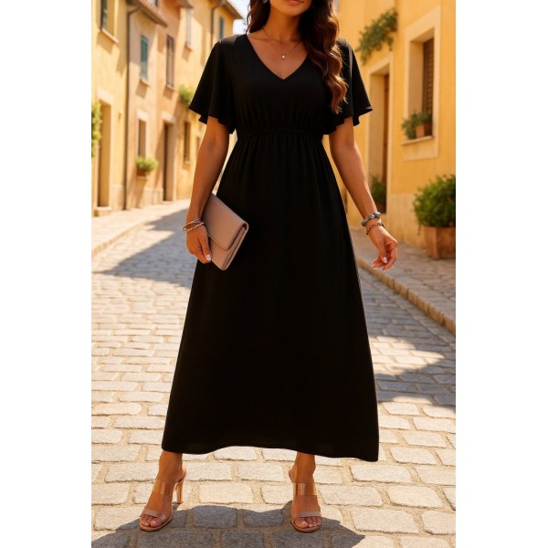 Kadın Kısa Kollu V Yakalı Beli Lastikli Uzun Viskon Elbise