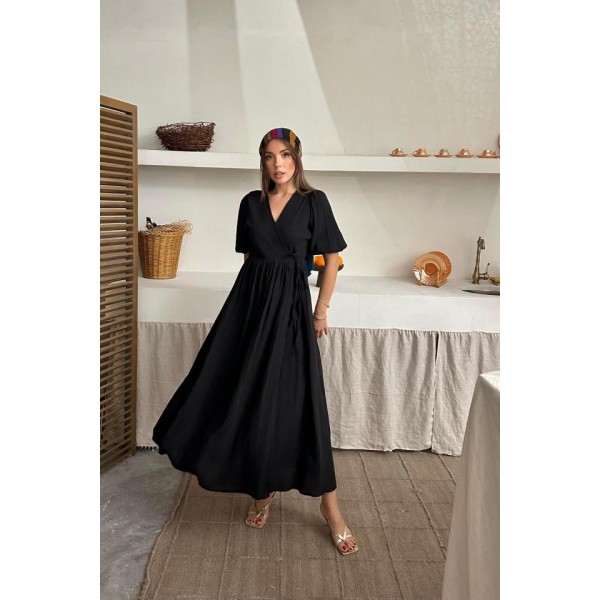 Siyah Müslin Uzun Elbise