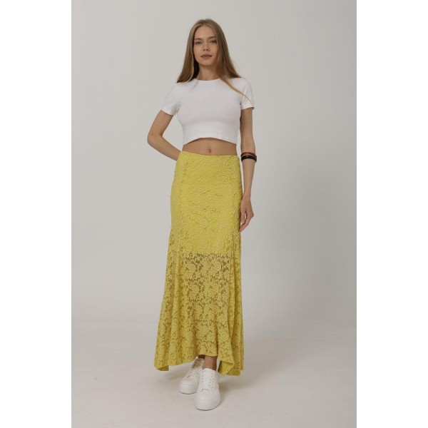 Bel Lastikli Dantel Etek - Sarı
