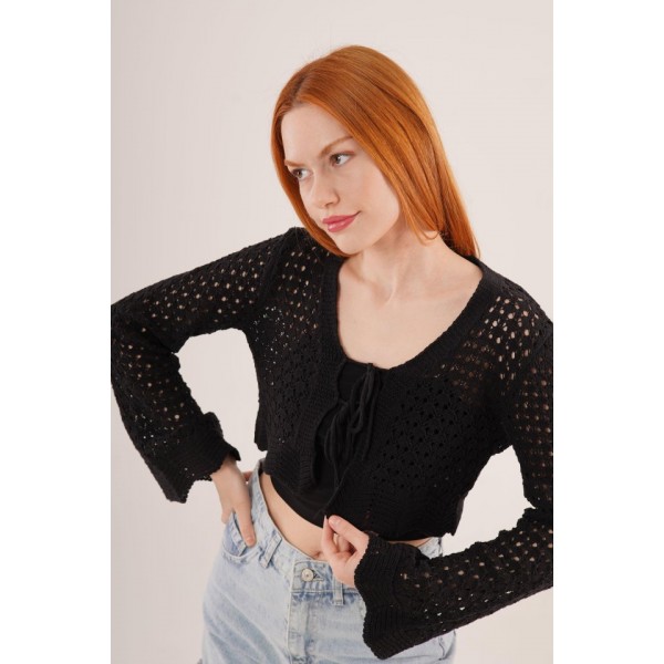 Ön Bağlamalı Ajurlu Crop Siyah Hırka