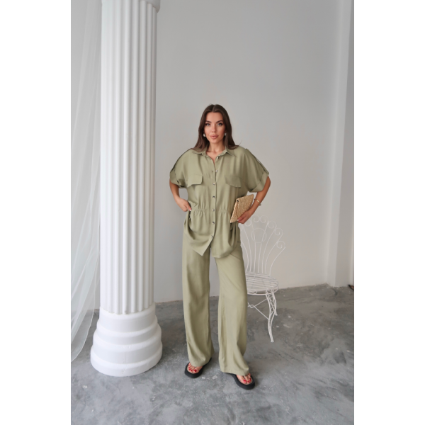 KETEN BELDEN BÜZGÜ DETAYLI GÖMLEK - PANTOLON TAKIM - Yeşil