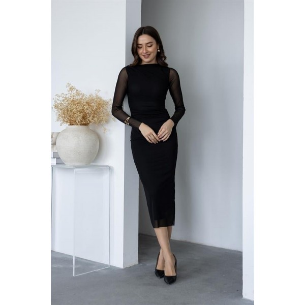 Kadın Uzun Kol Tül Drapeli Midi Boy Elbise