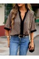 Kadın Kısa Kollu önden şerit Detaylı Desenli Sandy Bluz