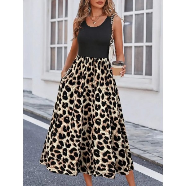 Kadın Askılı Yuvarlak Yaka üst Viskon Alt Leopar Desenli Süprem Uzun Elbise