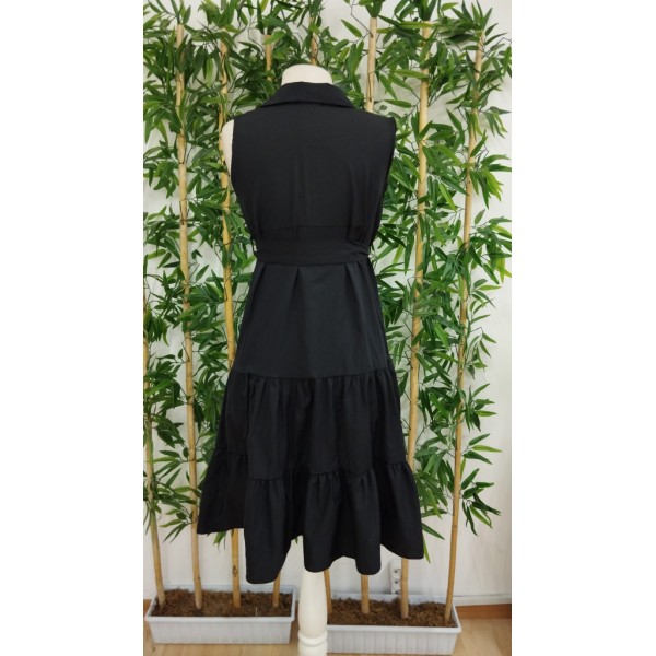 Kadın Kısa Kollu Gömlek Yaka Düğmeli Beli Kuşaklı Katlı Dokuma Midi Elbise