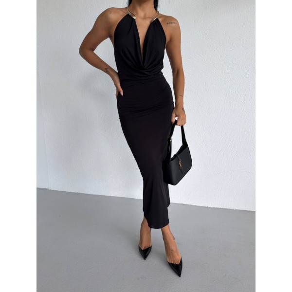 Kadın Boyun Aksesuarlı Halter Yaka Maxi Boy Sandy Kumaş Elbise