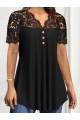 Kadın Kısa Kollu V Dantel Yakalı Düğmeli Viskon Bluz