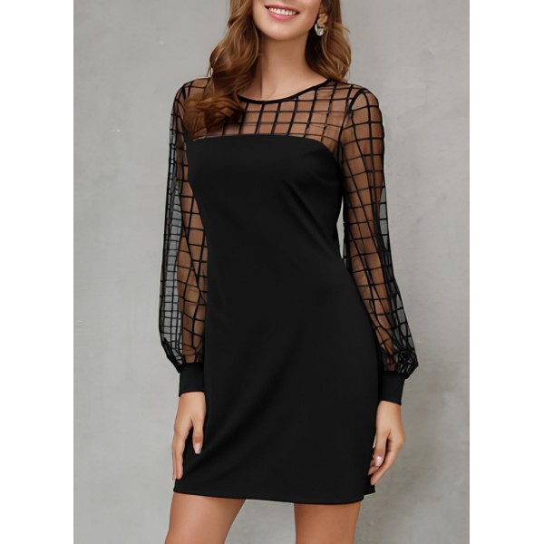 Kadın Uzun Kollu Geometrik Tül Detaylı Ithal Krep Elbise