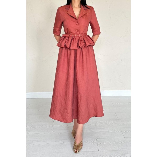 Moccah İnce Kemerli Fırfırlı Ceket Ve Büzgülü Etek Takım