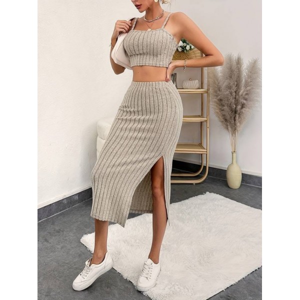 Kadın Kolsuz Askılı Crop Yırtmaçlı Midi Etek Fitilli Kaşkorse Takım