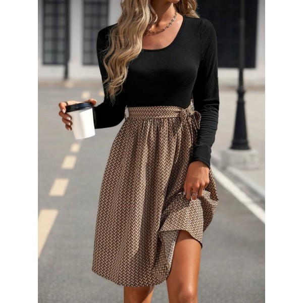 Kadın Uzun Kollu Yuvarlak Yaka üst Viskon Alt Süprem Midi Elbise