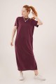 Yırtmaç Detaylı Kısa Kollu Salaş Maxi Bordo Elbise