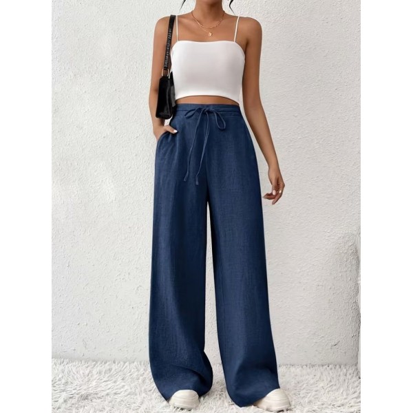Kadın Yüksek Bel önden Bağlamalı Geniş Kesim Keten Pantolon