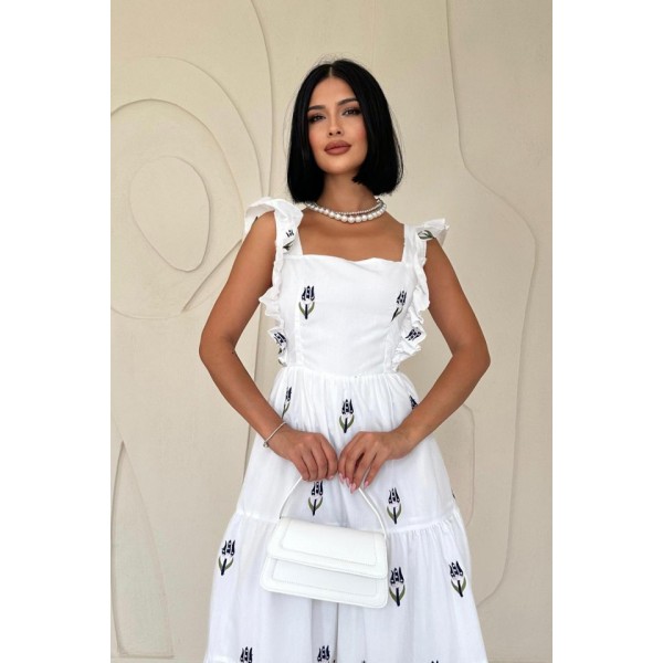 Lacivert Sıfır Kol Fırfırlı Elbise