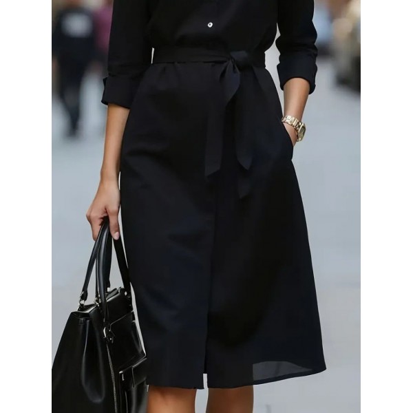 Kadın Uzun Kollu Yakalı Belden Kuşaklı Midi Trikoton Elbise