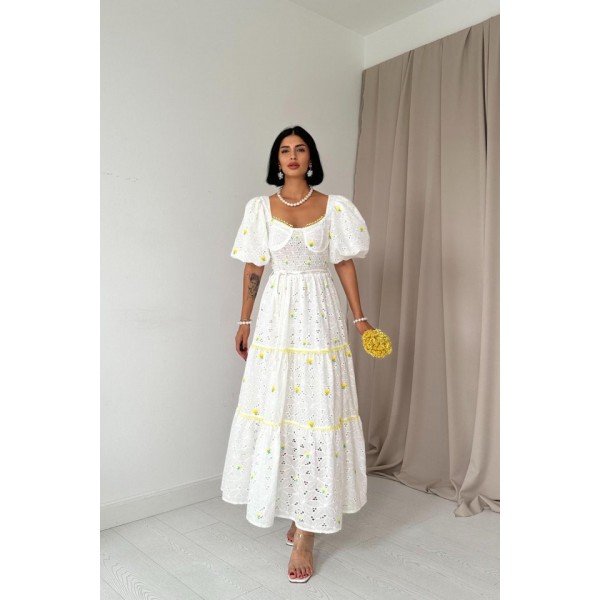 Sarı Dantel Detaylı Brode Elbise