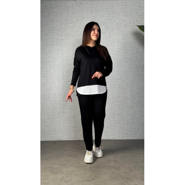 Kadın Uzun Kollu Kapşonlu Bağcıklı Viskon Iki Iplik Bluz Ve Pantolon Ikili Takım