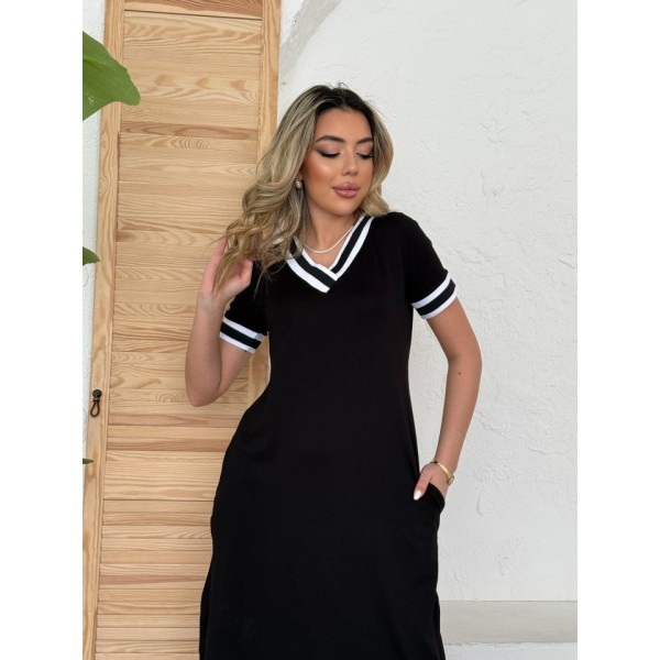 Kadın Kısa Kollu V Yaka Kol Ve Yaka Ribana Detay Midi Boy Viskon Elbise