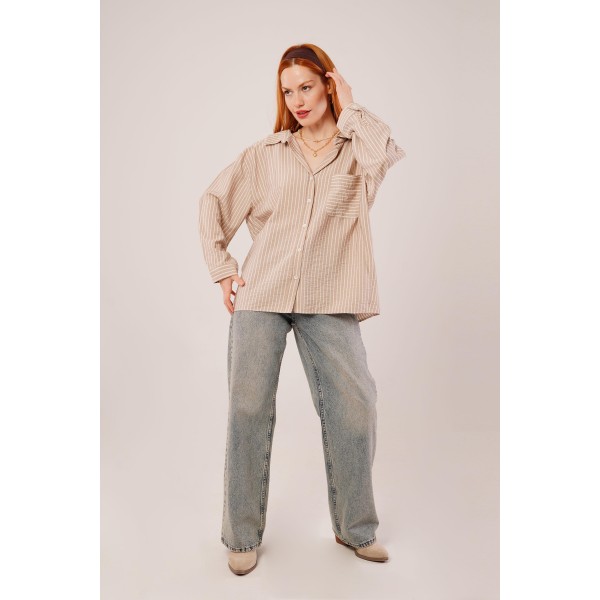 Çizgi Detaylı Cepli Camel Gömlek