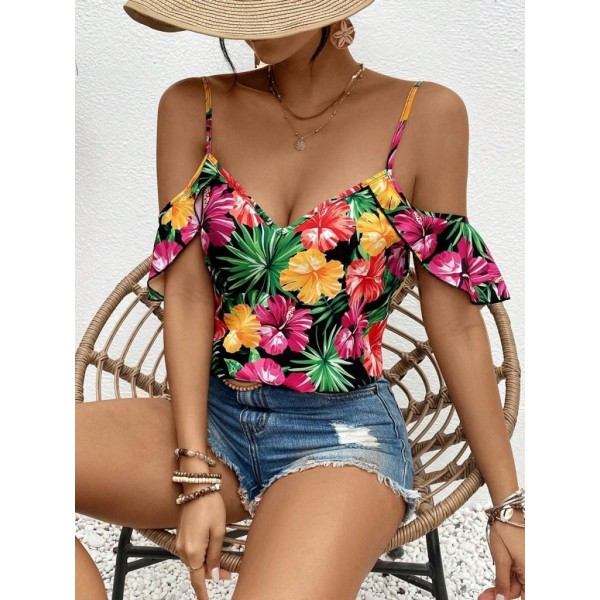 Kadın Askılı Omuzlardan Açık çiçek Baskılı Bluz