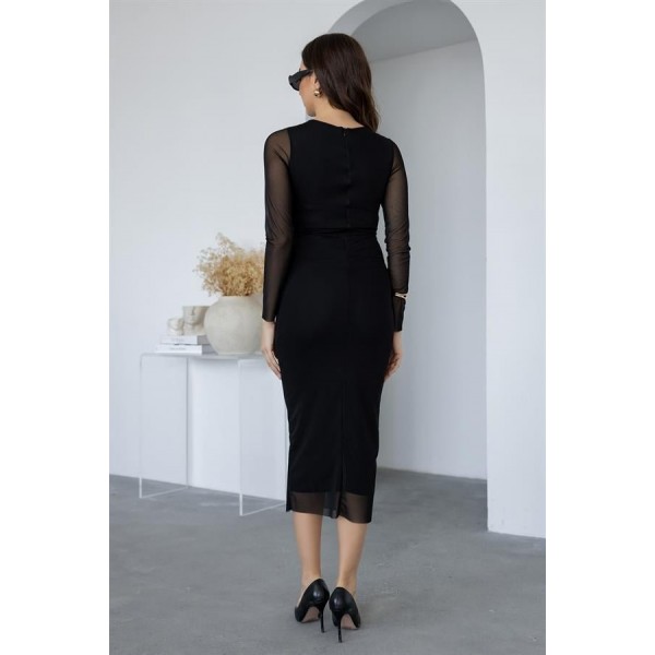 Kadın Uzun Kol Tül Drapeli Midi Boy Elbise