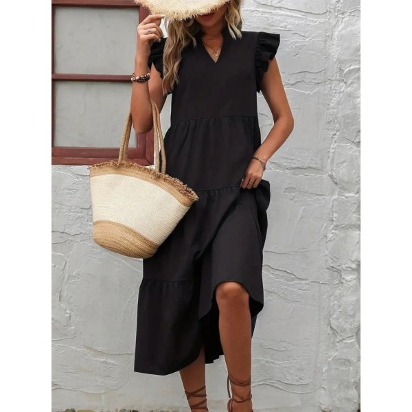 Kadın Kısa Kollu V Yakalı Geniş Kesim Uzun Trikoton Elbise