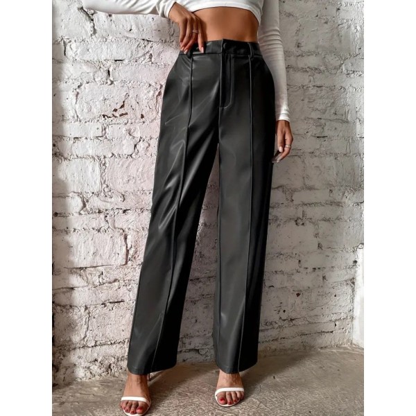 Kadın önden Fermuarlı Cepli Geniş Kesim Lame Deri Pantolon