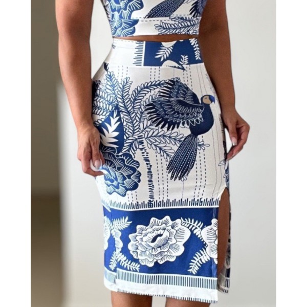 Kadın Sıfır Kollu Yuvarlak Yaka çiçekli Desenli Süprem Crop Ve Yırtmaçlı Etek Ikili Takım