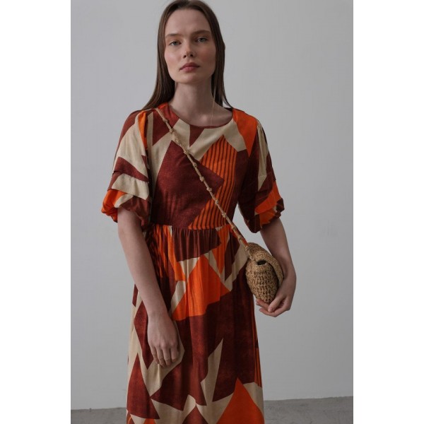 Desenli Balon Kol Kloş Elbise - Kahve