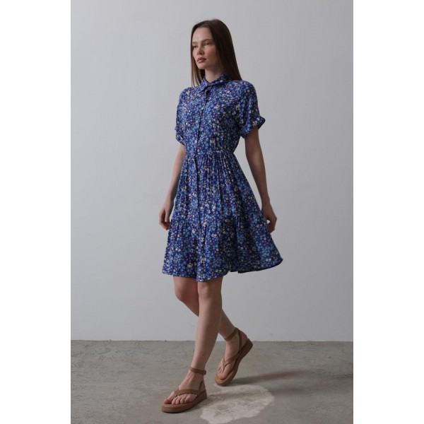 Baskılı Keten Elbise - Lacivert-Beyaz