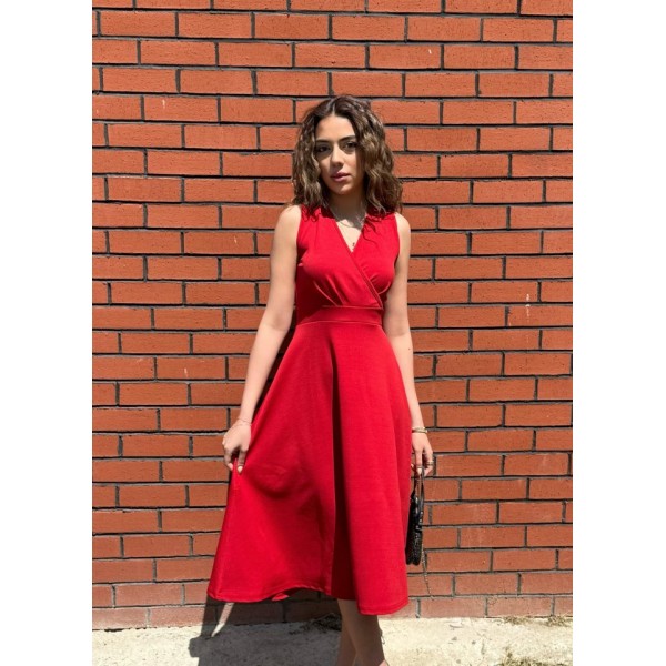 Kadın Ithal Krep Kumaş Kruvaze Yaka Eteği Kloş Kolsuz Mini Elbise