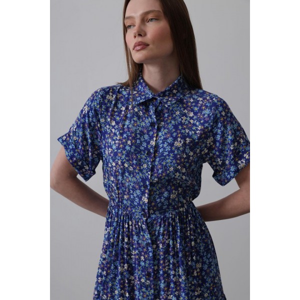 Baskılı Keten Elbise - Lacivert-Beyaz