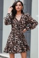 Kadın Uzun Kollu Beli Lastikli Etek Ucu Volanlı Leopar Desen Krep Elbise
