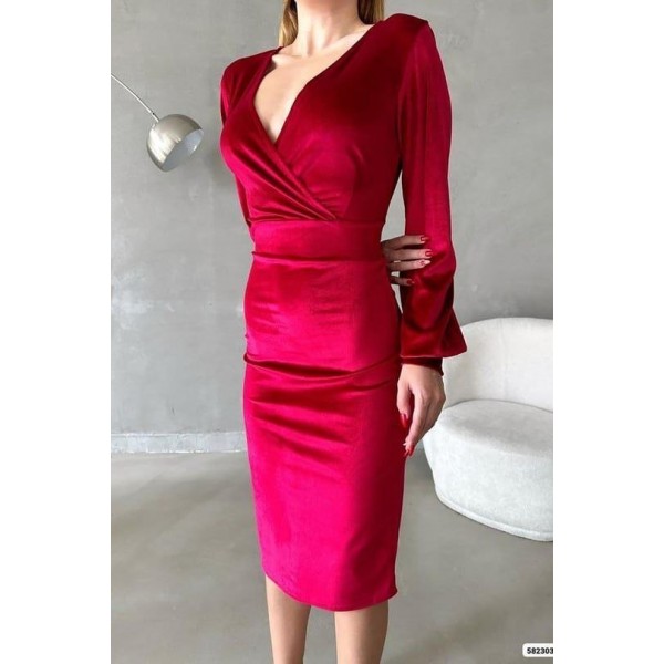 Kadın Kadife Kumaş Kruvaze Yaka Balon Kol Ve Yırtmaç Detaylı Midi Boy Elbise