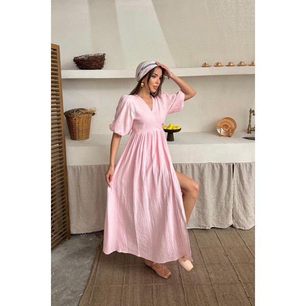 Pembe Müslin Uzun Elbise