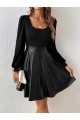 Kadın Uzun Kollu Kare Yaka üst Viskon Alt Deri Mini Elbise