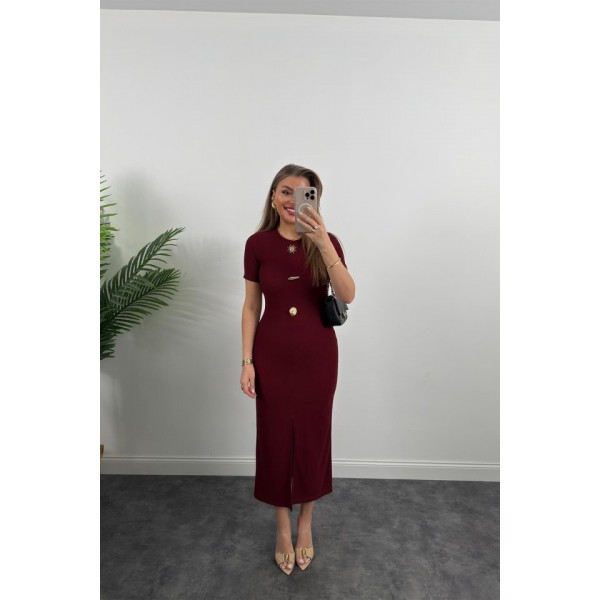 Kadın Ottoman Kumaş Likralı Düğme Tasarımlı Kısa Kol Kalem Elbise