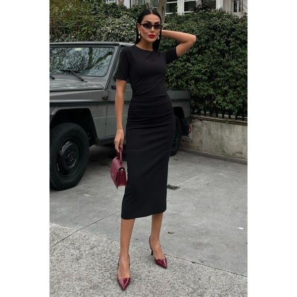 Beli Büzgülü Midi Elbise 2853