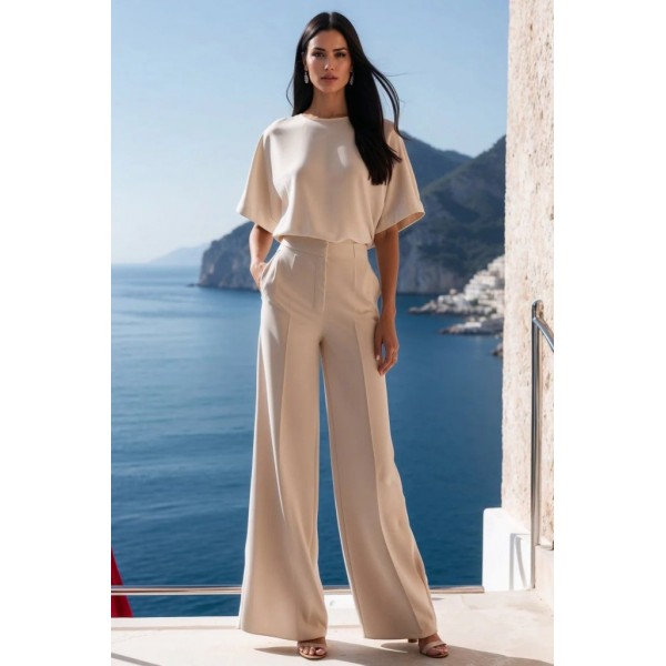 Kadın Kısa Kollu Bisiklet Yaka Bluz Yüksek Bel Cep Detaylı Pantolon Atlas Ikili Takım