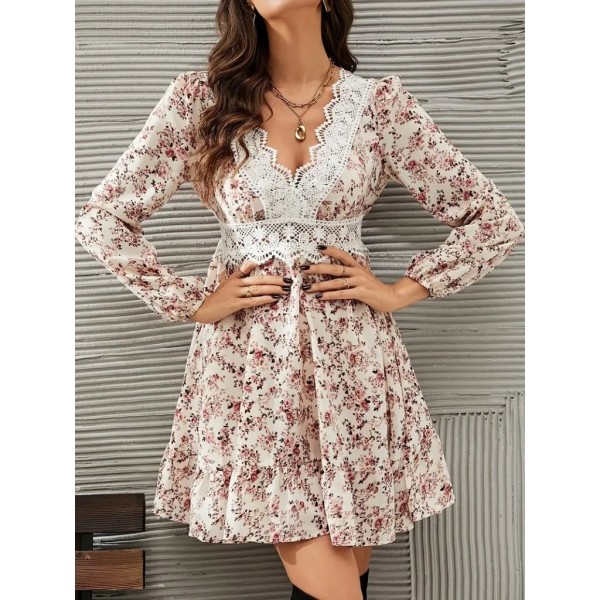 Kadın Uzun Kollu Dantel V Yakalı Mini Desenli Süprem Elbise
