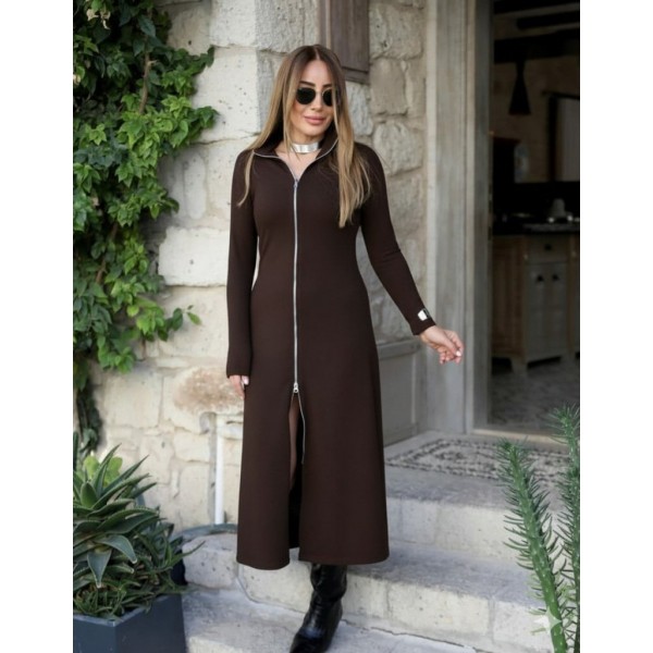 Kadın Uzun Kollu önden Fermuarlı Maxi Viskon Iki Iplik Elbise